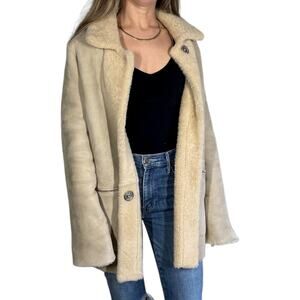 Unfleur Oversized Suede Faux Fur Trimemed Cream Coat Small